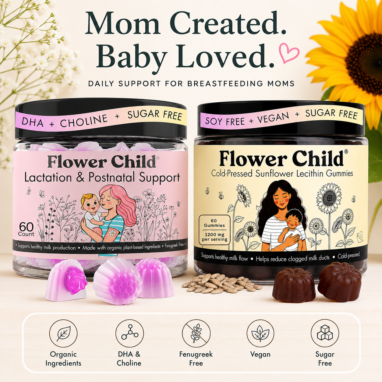 Flower Child Lactation Support Bundle Moringa & Sunflower Lecithin Gummies
